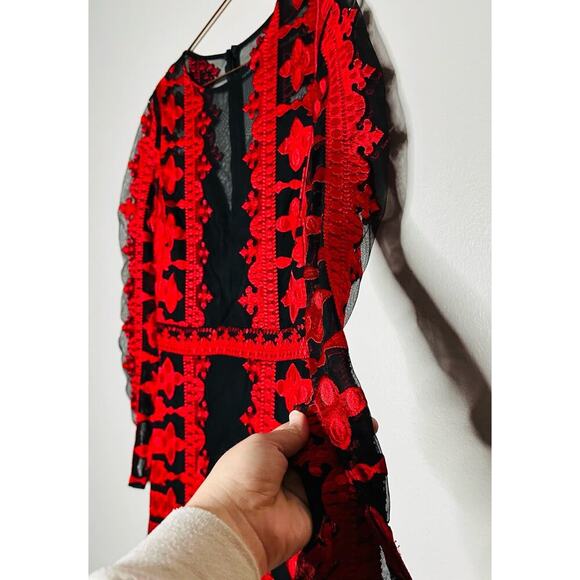 NICOLE MILLER Red Black Illusion Embroidered Mesh Long Sleeve Sheath Dress Size6 - Picture 7 of 11